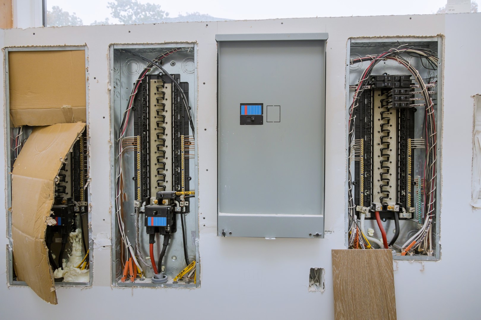 A switchboard electrical voltage box abd wires with circuit breakers.