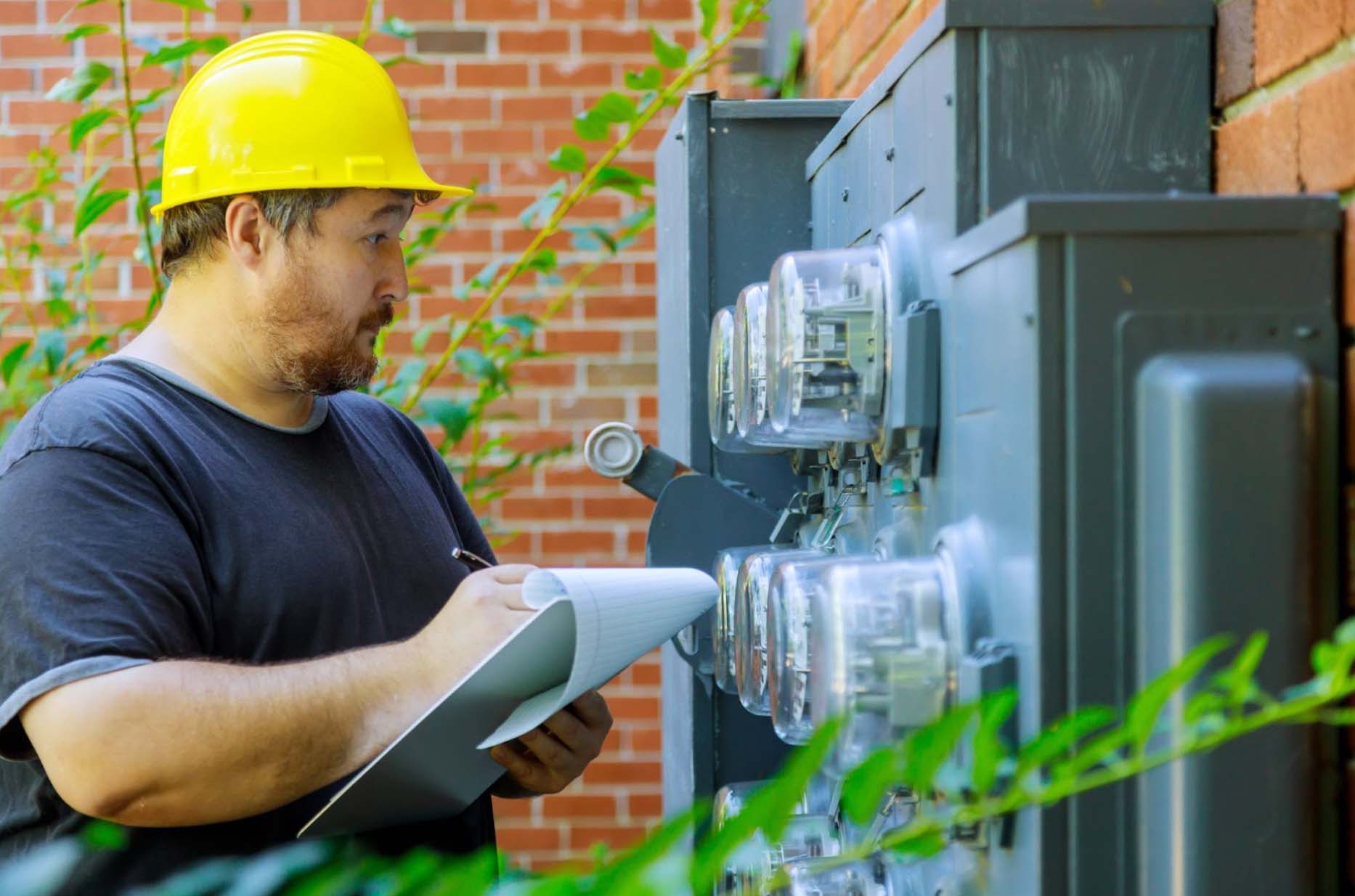 A male electrician in a yellow helmet and black shirt records meter readings on a clipboard, with a brick wall and plants in the background, illustrating the work of an electrical provider.