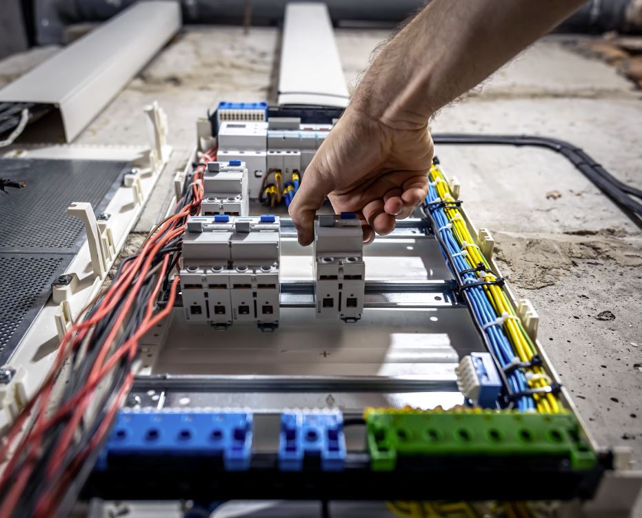 A view from below of an electrician's hand working inside a switchboard, connecting electrical cables to modernize the system for enhanced safety and efficiency.