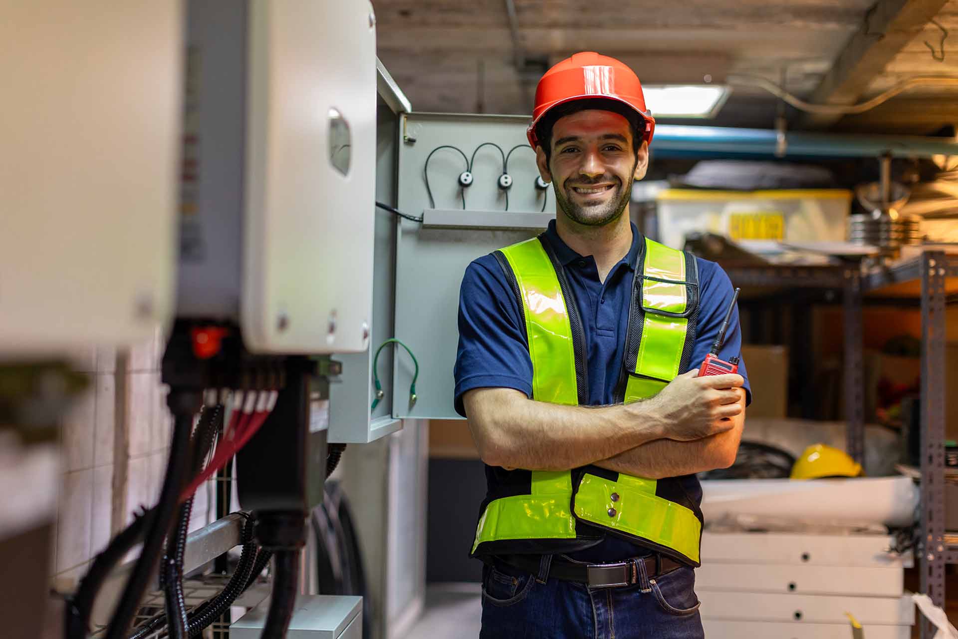 An electrical engineer checking the control room.