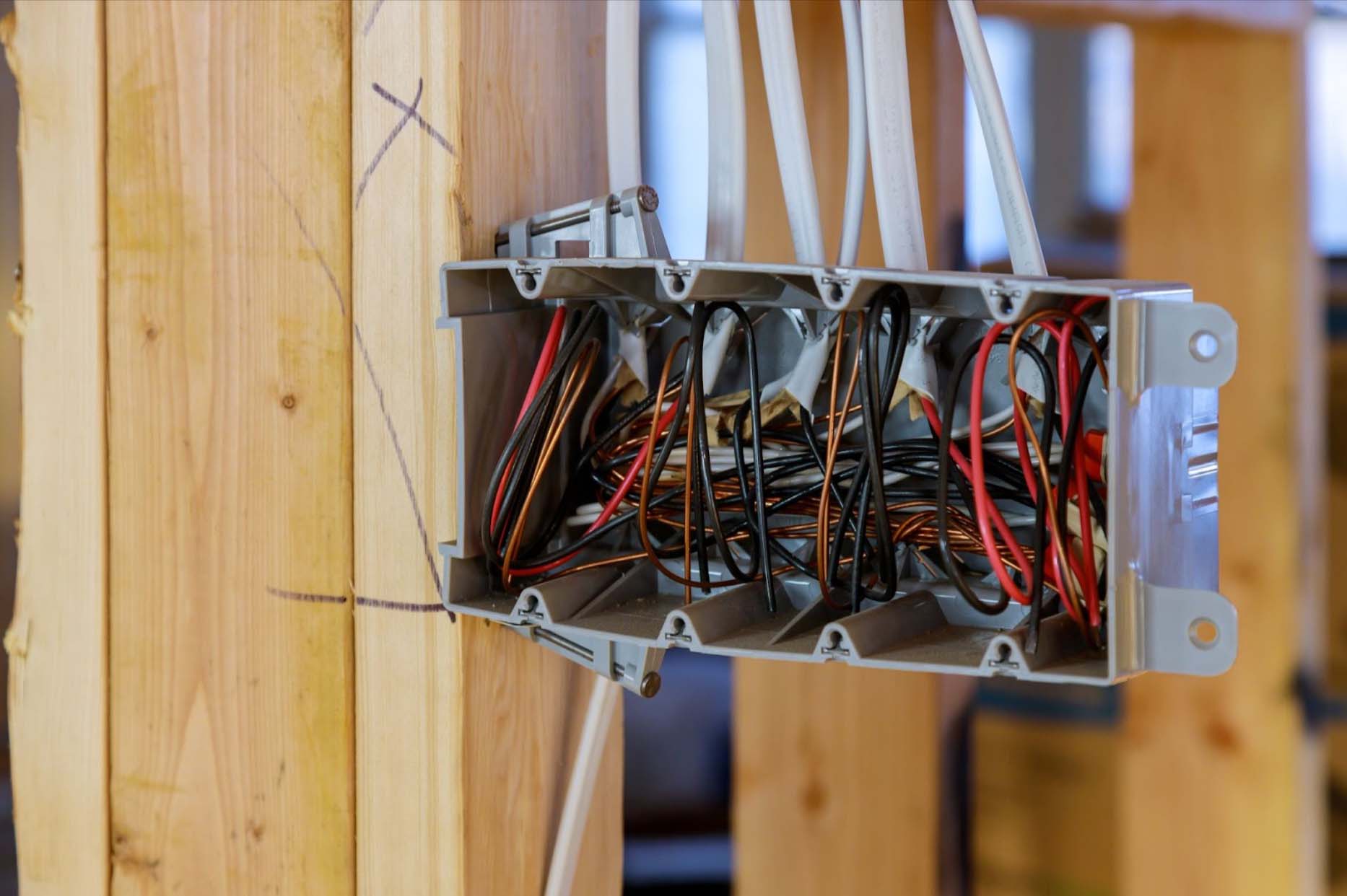 Interior view of an electrical box with various colored wires inside a wooden-beamed home under construction.