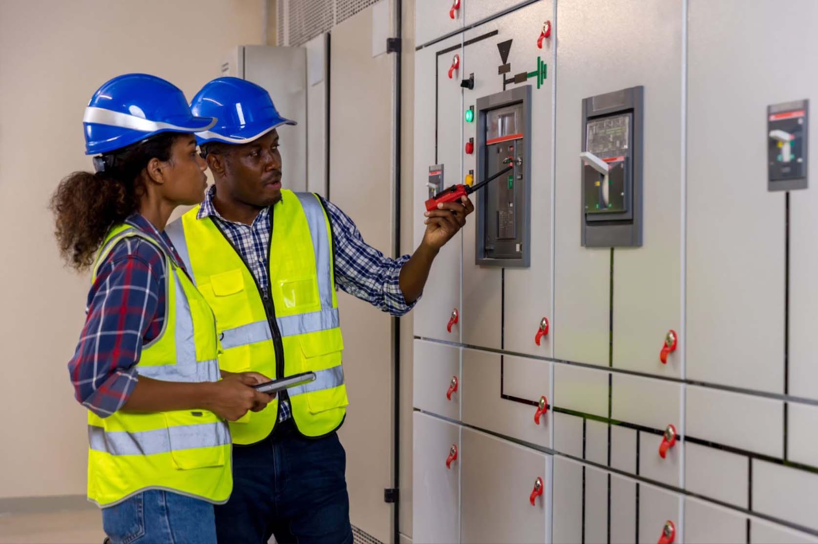 Two electrical contractors wearing blue hard hats and neon green safety vests over long-sleeved checkered polos and jeans examine a power distribution cabinet in a control room. The male engineer points to a specific component, explaining something to the female engineer.