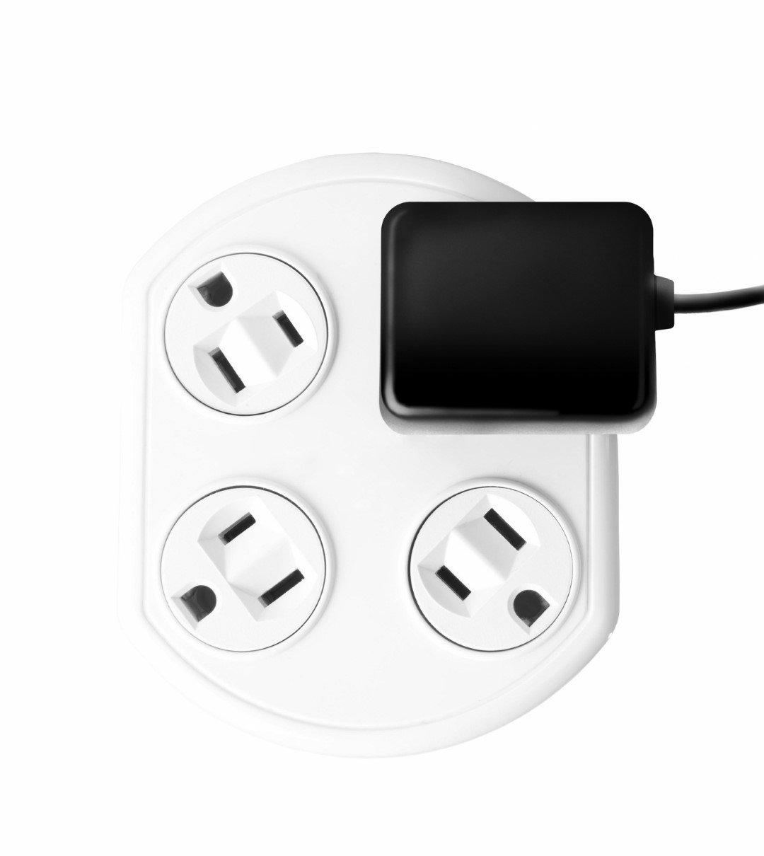 Four white electrical outlets with a black appliance plug plugged into it.